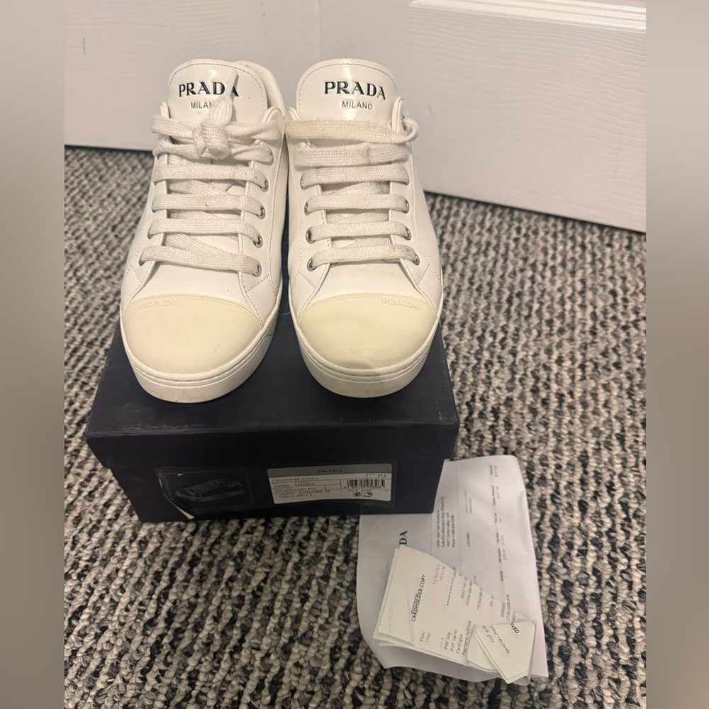 SOLD Prada White Leather Low-Top Sneaker size 37.5 receipt
